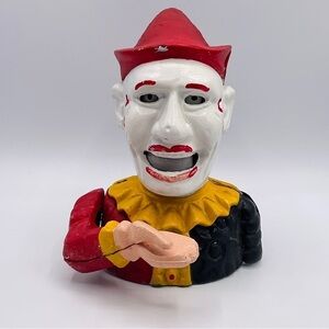 Vintage Clown Humpty Dumpty Bank Cast Iron Metal Mechanical Heavy Hand Painted
